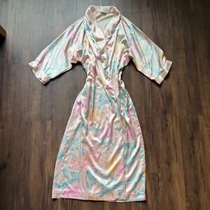 Natori Pastel Floral Satin Robe Kimono Style Wrap 56” Fair